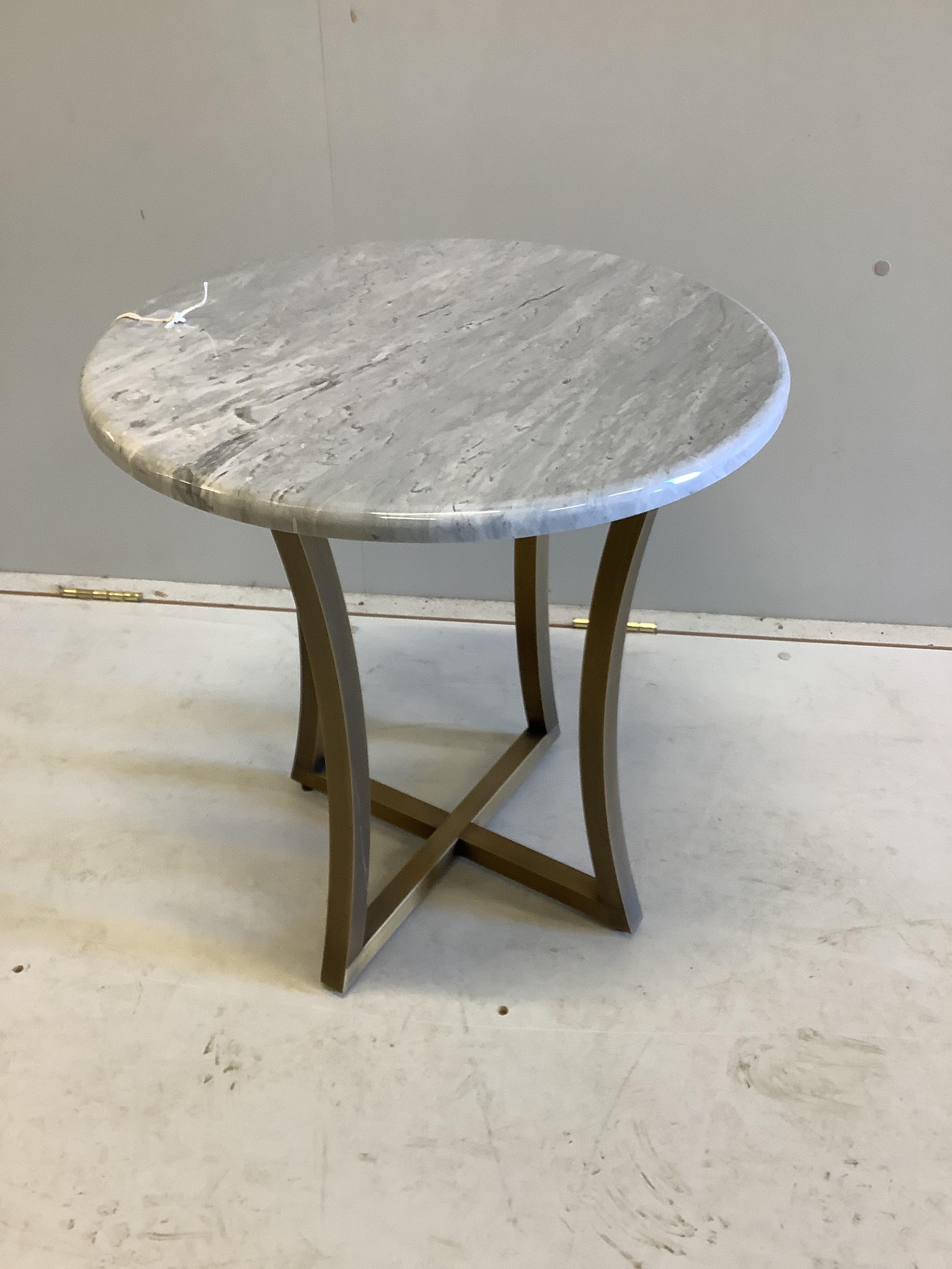 A custom made Decca Furniture side table with Livra dark blue savoy stone top, diameter 50cm, height 54cm